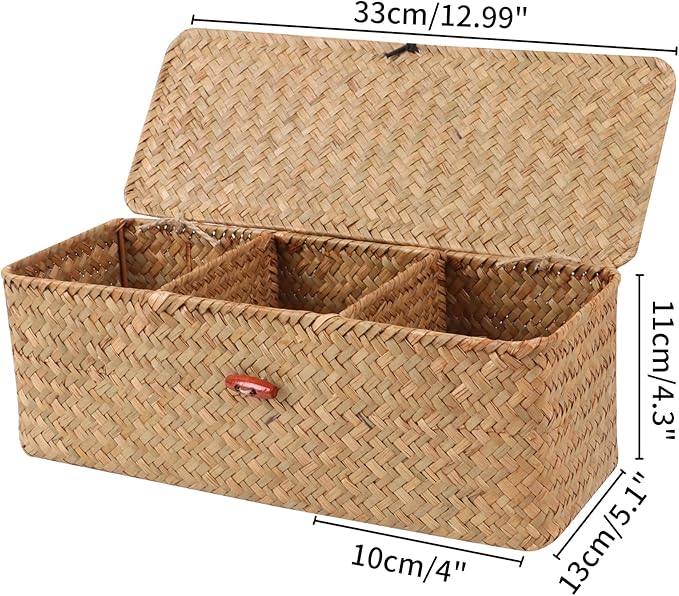 Wicker Shelf Baskets with Lid,Rectangular Seagrass Woven Storage Baskets with Dividers for Bathroom Organizer Small Bins Home Decor (Natural)