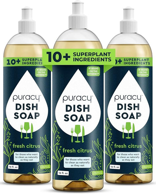 Puracy Natural Dish Soap - Skin-Softening Plant-Based Dishwashing Soap, Non-Toxic Dish Soap, Organic Liquid Dishwashing Detergent Soap (Fresh Citrus, 16 fl oz)