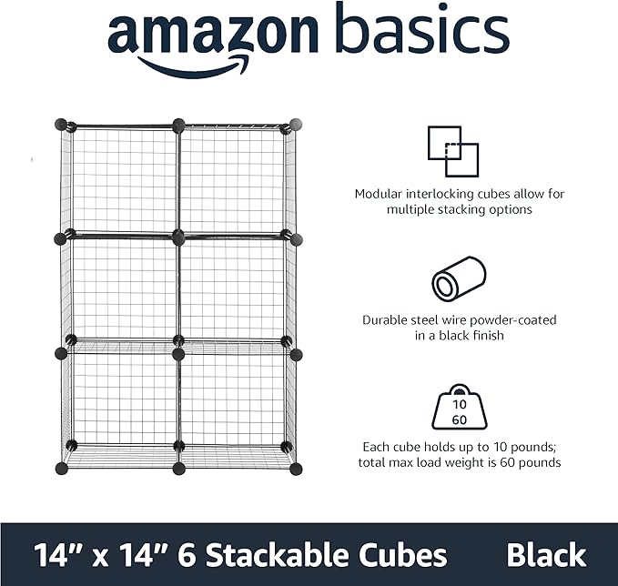 Amazon Basics 6 Storage Shelves with 6 Cube Wire Grid, Stackable Cubes, Black, 14" D x 14" W x 14" H