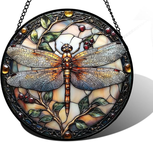 Stained Glass Window Hanging - Dragonfly Plant Suncatcher Ready to Hang Window Doors Home Decoration, Christmas, Mother's Day Birthday Gifts for Women, Men, and Mom 6.3X6.3IN