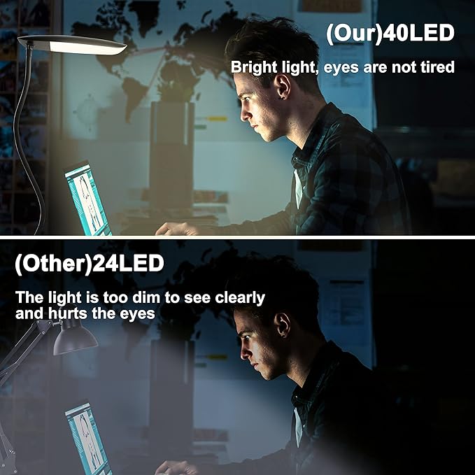 Clip on Lamp USB Reading Light 3 Color Modes 3000-6000K and 10 Brightness 8W 40 LED Flexible Gooseneck Desk Light Clip on Lamp for Desk Eye Caring Bed Lamp for Headboard (No Plug)