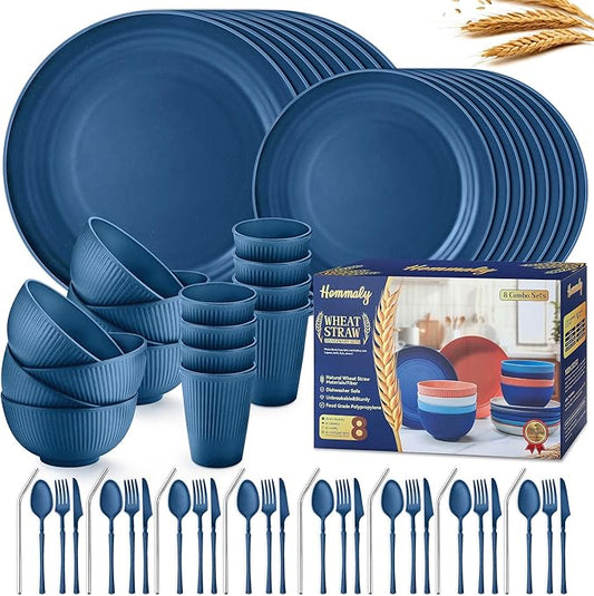 Wheat Straw Dinnerware Sets,64-Piece Plates and Bowls Sets for 8-Unbreakable,Reusable Plastic Dish Set-Dinner Plate/Dessert Plate/Cereal Bowl/Cup/Utensils-Microwavable Dishwasher Safe 64P-Deep Blue
