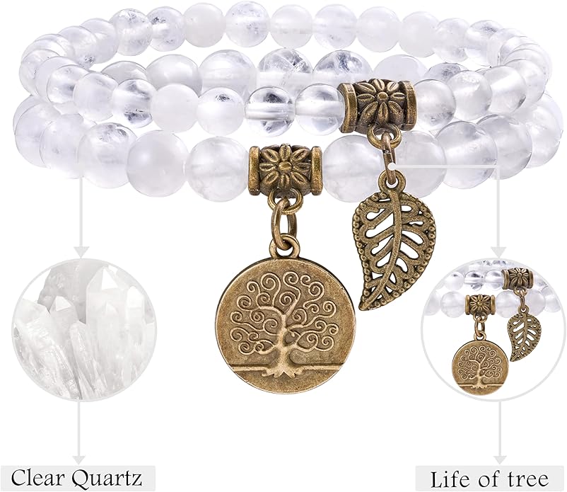 Bivei Natural Semi Precious Gemstone beads bracelet for women - Life Tree and Leaf Charm Energy Reiki Crystal Stretch Bracelets