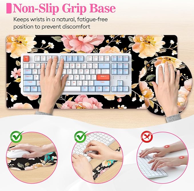 Long Mouse Pad XXL,Ergonomic Desk Mat Gaming Set,Keyboard Wrist Support Rest Mouse Pad Suitable for Office and Home (XXL Rose Set)