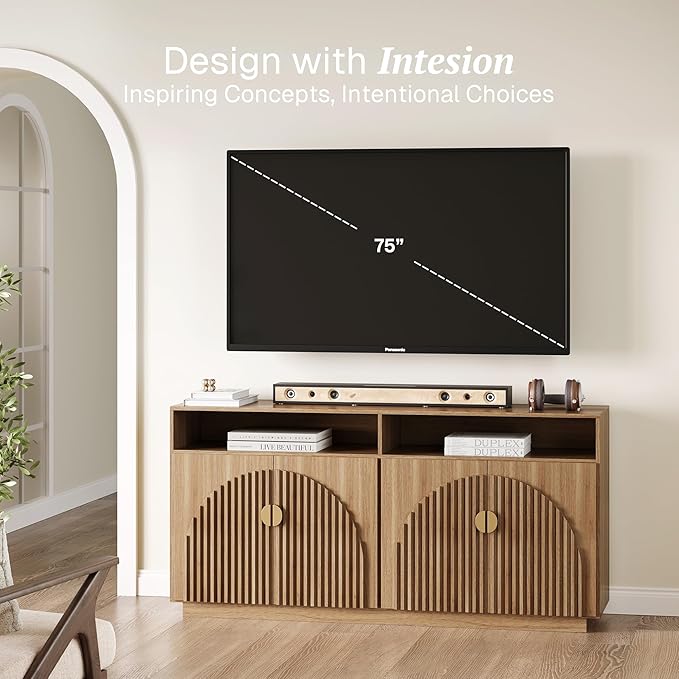 BELLEZE 65 Inch Fluted TV Stand, Mid Century Modern Entertainment Center with Storage Cabinets & Open Shelves, Media Console TV Cabinet with Adjustable Shelves for Living Room, Caramel Brown