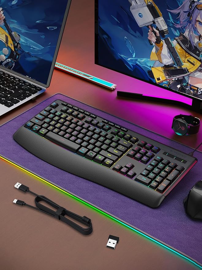 E-YOOSO RGB Wireless Keyboard, 3-Mode (2.4G/BT/USB), 9 Effects Backlits, Light Up Letters, Rechargeable Ergonomic Computer Silent Keyboard with Wrist Rest for Windows, Mac, PC, Laptop, Games