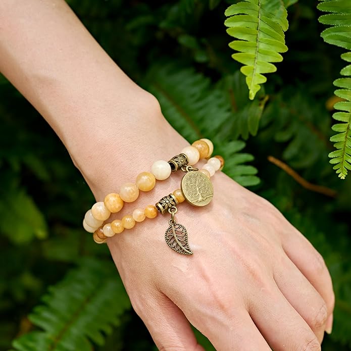 Bivei Natural Semi Precious Gemstone beads bracelet for women - Life Tree and Leaf Charm Energy Reiki Crystal Stretch Bracelets