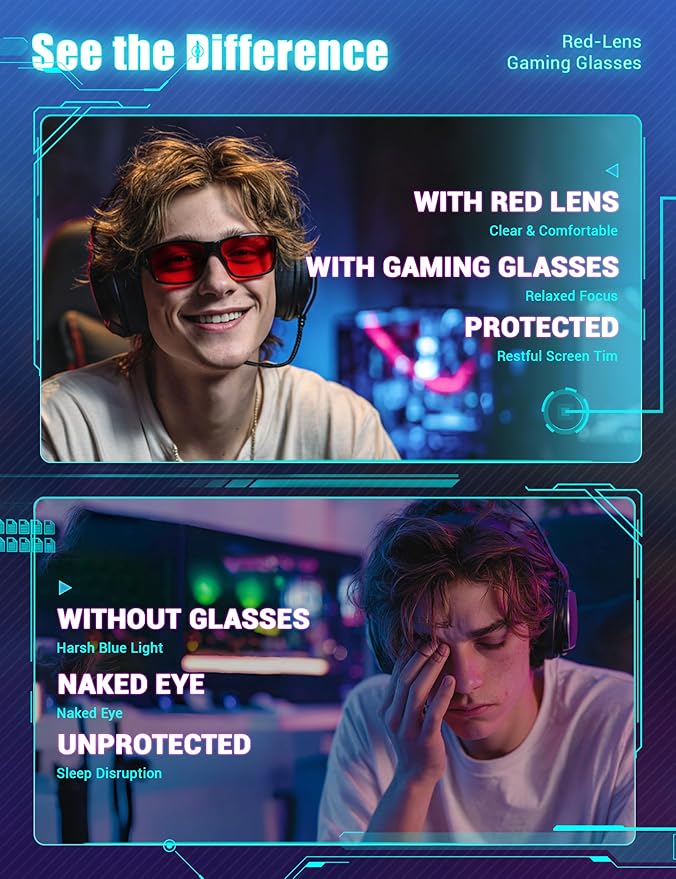 TIJN Sonia Sleep Glasses for Blue & Green Light Blocking,Red Lens with Dual AR Coating,Wraparound Frame for Gaming Screen