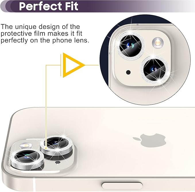 Suoman for iPhone 14 6.1 inch / 14 Plus 6.7 inch Camera Lens Protector, 9H Tempered Glass Film, Metal Frosted Independent Protective Cover [Glitter Diamonds]- Silver