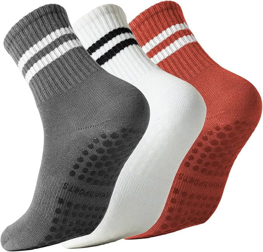 Pilates Socks with Grips for Women Grippy Non Slip Crew Socks for Yoga Barre Hospital Striped 3 Pairs