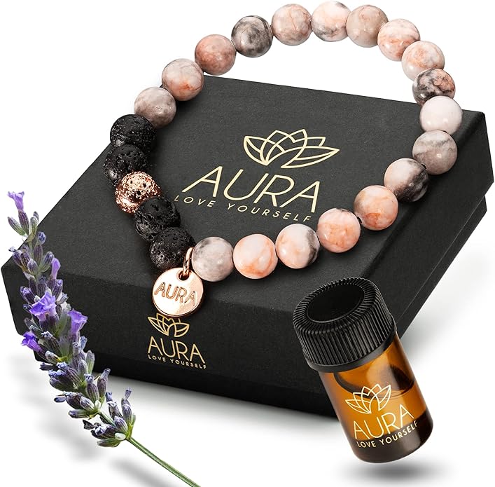 Lava Rock Beaded Diffuser Bracelet for Women with Lavender Essential Oil, 18K Gold-Plated Charm Soothing Crystal Beads Boho Stretch Bracelet for Aromatherapy, Birthday and Valentine’s Day Gift for Her