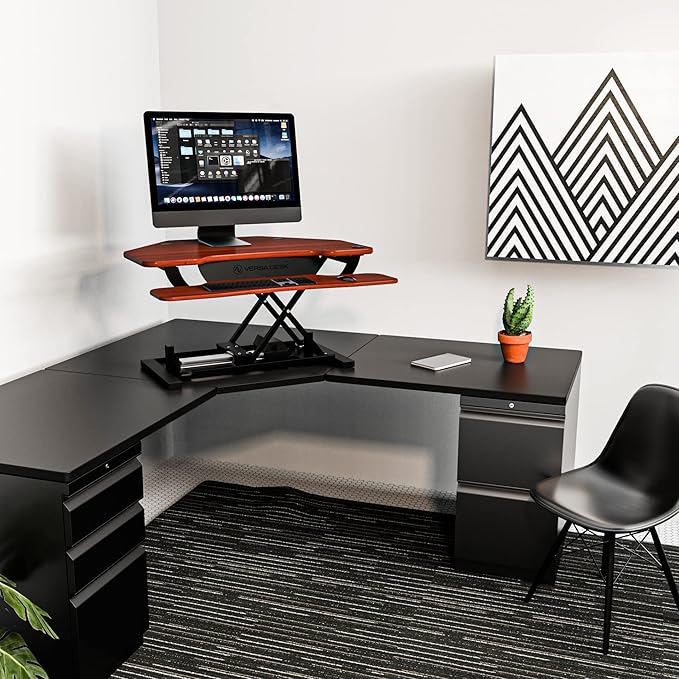 VERSADESK® PowerPro™ 36” x 31” Corner Standing Desk Converter | 36 Inch Electric Height Adjustable Desk Riser - Sit or Stand w/programmable Controller, Keyboard Tray & USB Hub, Cherry