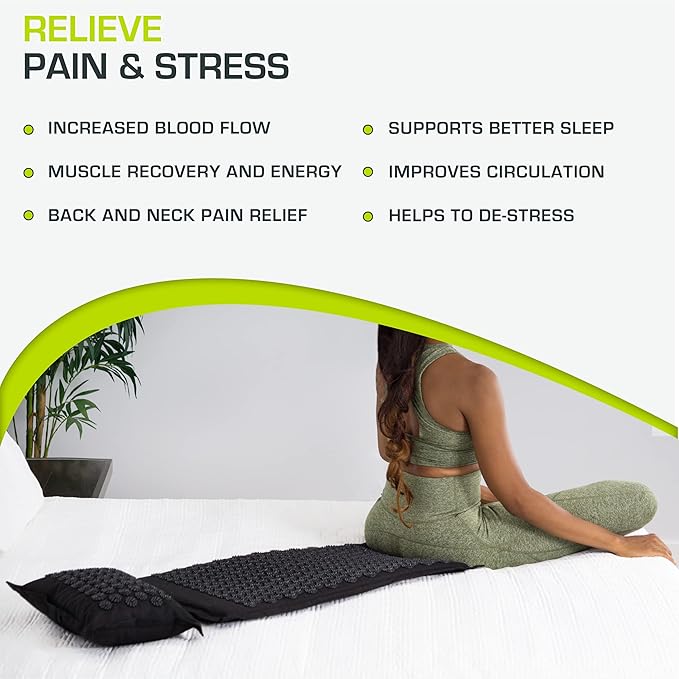 ProsourceFit Ki Acupressure Mat and Pillow Set with 100% Natural Linen for Back/Neck Pain Relief and Muscle Relaxation, Black Pearl