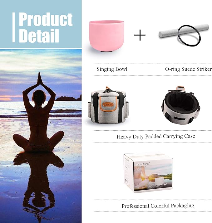 RYAN DVAN 8” F Note Pink Frosted Heart Chakra Crystal Singing Bowl with Free Heavy-Duty Carrying Case and Suede Striker O-Ring