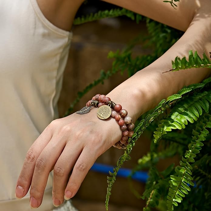 Bivei Natural Semi Precious Gemstone beads bracelet for women - Life Tree and Leaf Charm Energy Reiki Crystal Stretch Bracelets