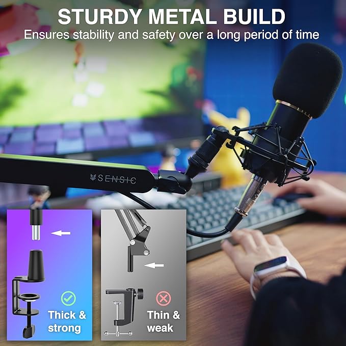 Sensic SA-30 LP Low Profile Microphone Boom Arm, 360° Rotatable Mic Stand, Low Profile Microphone arm for streaming with Cable Management, Professional Mic Arm, Mic Boom Arm Black