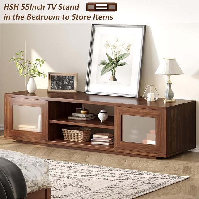 HSH Walnut TV Stand for 60 Inch TVs,Entertainment Center with Storage and Sliding Doors,Farmhouse Tv Stand Wood for Living Room,Low Media Console Cabinet for Bedroom,55 Inch