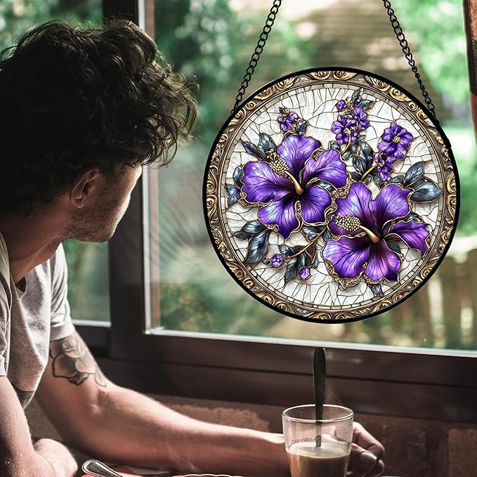 Stained Glass Window Hanging, Purple Flowers Romantic Suncatcher for Doors Home Sun Catchers Decoration and Christmas, Mother's Day Birthday Gifts for Women, Men, and Mom 14.9x14.9 in