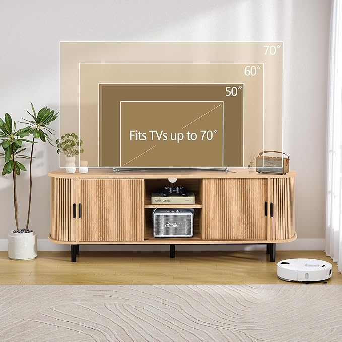 63" Fluted TV Stand for 65/70 Inch TV, Mid Century Modern TV Console with Sliding Doors, Curved Gaming Entertainment Center, Media Console for Living Room, Bedroom (Natural, 63inch-4doors)