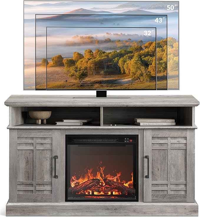 BELLEZE 48" TV Stand with 18" Electric Fireplace Heater, Modern TV Stand for TVs up to 50", Entertainment Media Stand with Open Shelves and Storage Cabinets for Living Room, Bedroom (Grey Wash)