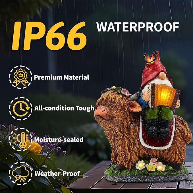 Garden Gnomes Outdoor Statues: 8'' Solar Light Gnome Decor on Highland Cow Play The Accordion Unique Birthday Gifts for Women Mother Grandma