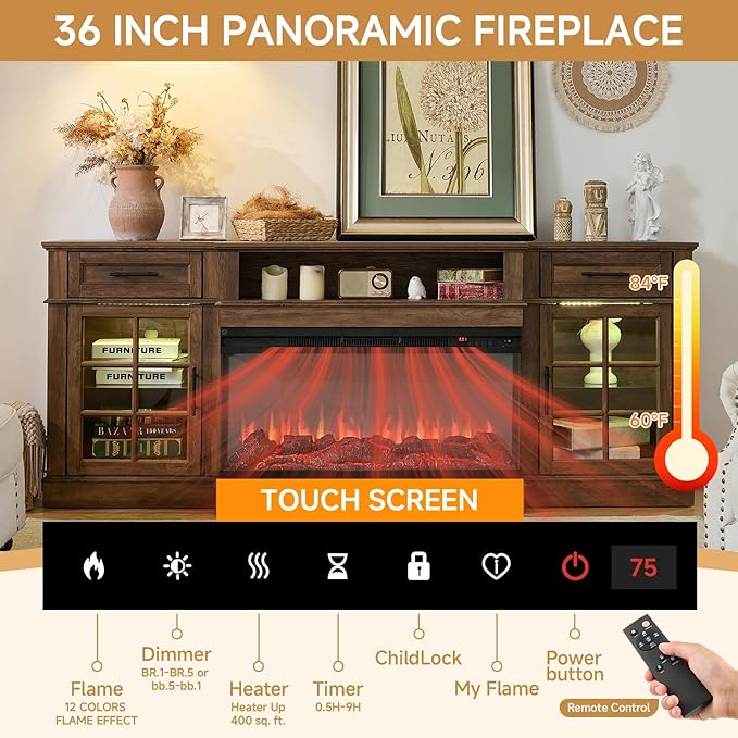 ROCKPOINT 3 Sided Glass 80" Fireplace TV Stand for TVs up to 90inch,Entertainment Center with Drawers and Glass Door Storage Cabinet,36" Electric Fireplace with LED Light and Flame Colors,Espresso