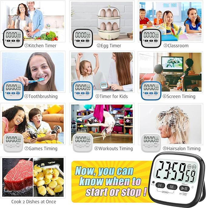 2-Pack Magnetic Kitchen Timers for Cooking, Digital Stop Watch Countdown Timer for Kids, Teachers, Classroom, Office, Exercise - Battery Included