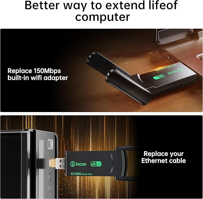 WiFi 6 USB 3.0 Wireless Adapter AX1800 Dual Band 1800Mbps - High Gain Antenna, Driver-Free for Desktop/Laptop, Ultrafast 802.11ax Internet Receiver (WiFi6 1800Mbps)