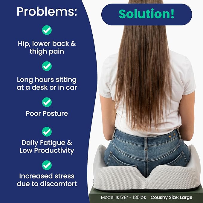 COUSHY|Ergonomic Seat Cushion-Use As Car Seat Cushion/Office Desk Accessories| Chair Cushions for Dining Chairs-Home Office Chair Cushion Supporting Other Sciatica Pain Relief Devices(Black, Standard)