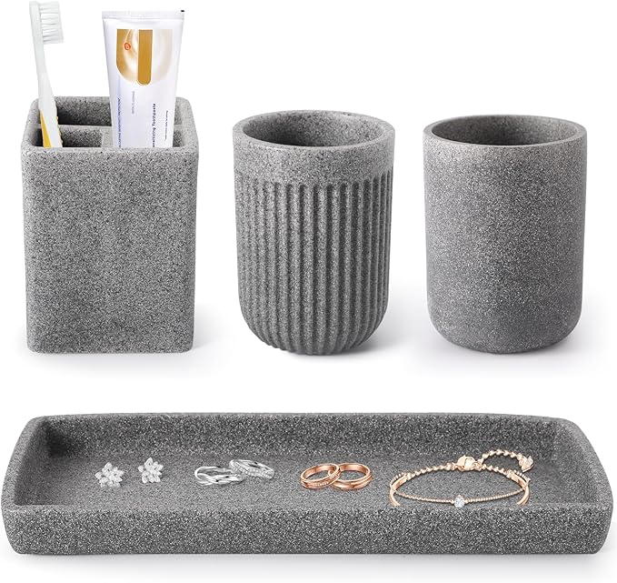 Resin Matte Gray Bathroom Toothbrush Cups Set with Holder and Tray, 4 Pcs Bathroom Accessories Set Counter Organizer for Sink Home Decor