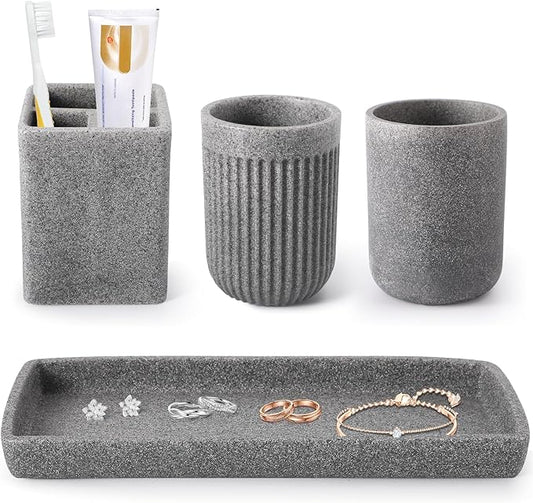 Resin Matte Gray Bathroom Toothbrush Cups Set with Holder and Tray, 4 Pcs Bathroom Accessories Set Counter Organizer for Sink Home Decor