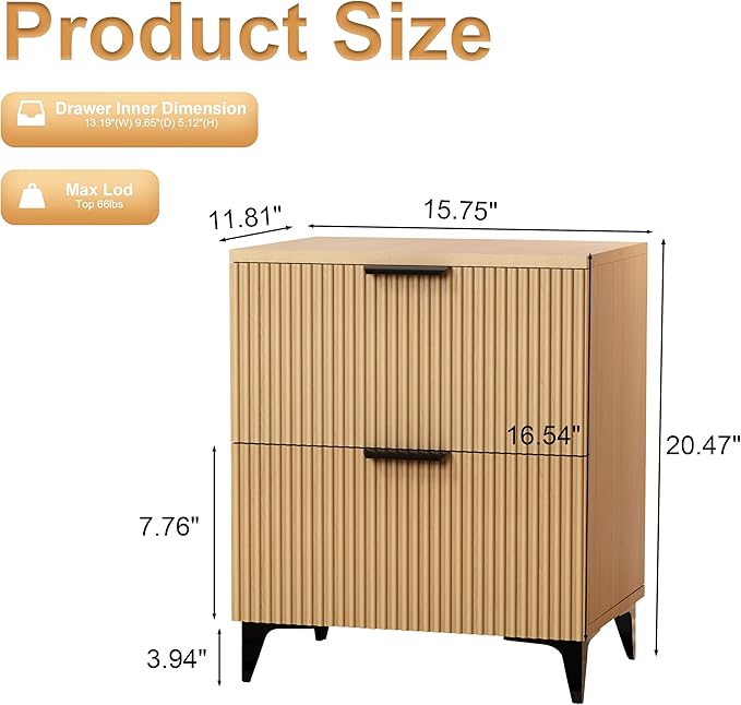 Royal Windsor Small Fluted Nightstand Set of 2 with 2 Drawers, Side End Table, Small Accent Storage Cabinet,Modern Night Stand Bedside Table for Bedroom Full Size Bed,Natural Oak