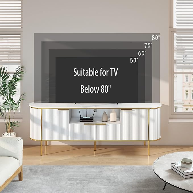 Luxury Fluted TV Stand: 70" White Entertainment Center for 80 inch TVs, TV Consoles for Living Room, Modern Media Console with Faux Marble Top (White, 70 Inch TV Stand)