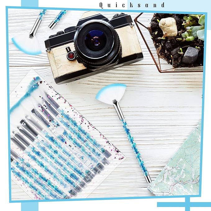 12 Pcs Fan Brushes for Facial Mask Brushes with Glitter Quicksand Handle Cosmetic Facial Fan Brush Soft Facial Mask Brush Applicator Facial Peel Applicator Face Mask Tools with Pouch (Blue)