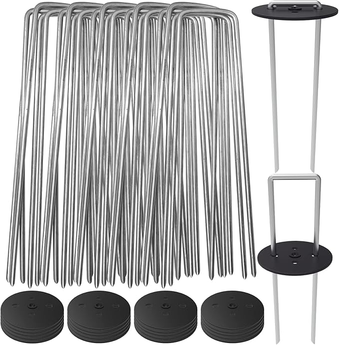 AAGUT 50 Pack Landscape Staples with Gasket Washer Caps, 6 Inch Vapor Barrier Stakes, Metal Garden Stakes Landscape Fabric Staples for Gardening Landscaping, Sod Fence Yard Lawn Ground Weed Mat Pins