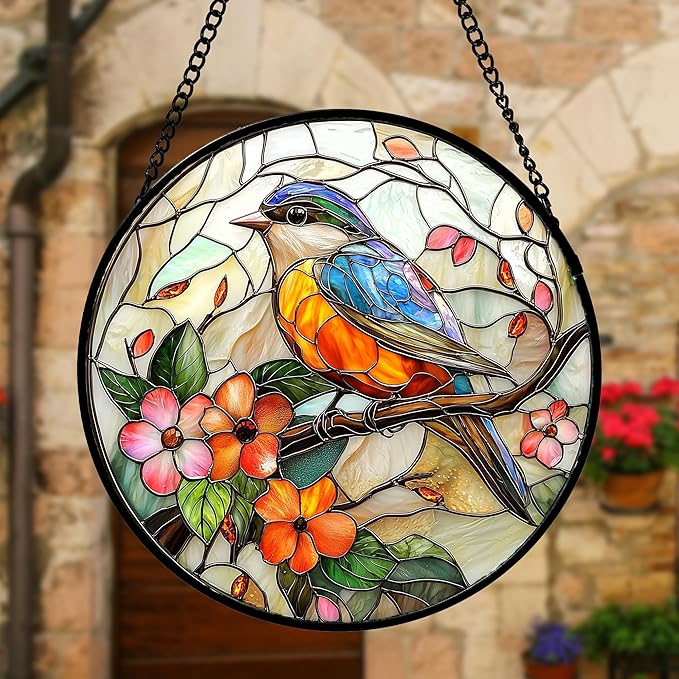 Stained Glass Window Hanging, Blue Bird Pink Flower Suncatcher Diamond Glass Panel Bird Sun Catchers Decor for Birthday for Women, Men, Wife, Aunt, and Mom 6.3 in