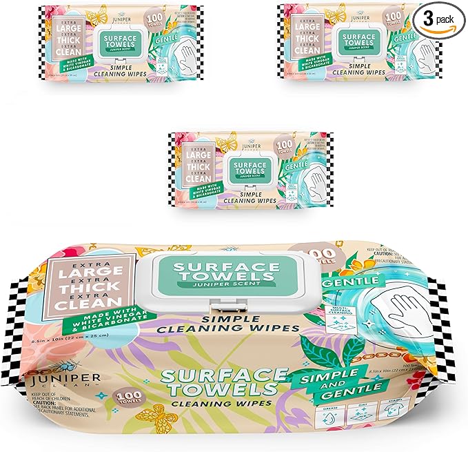 3 Packs Surface Cleaning Wipes Bleach Free, Thick & Large Dispose, All-Purpose Cleaner for Bathroom, Kitchen, Office, 300 Count Soft Flow, Biodegradable, Juniper Scent