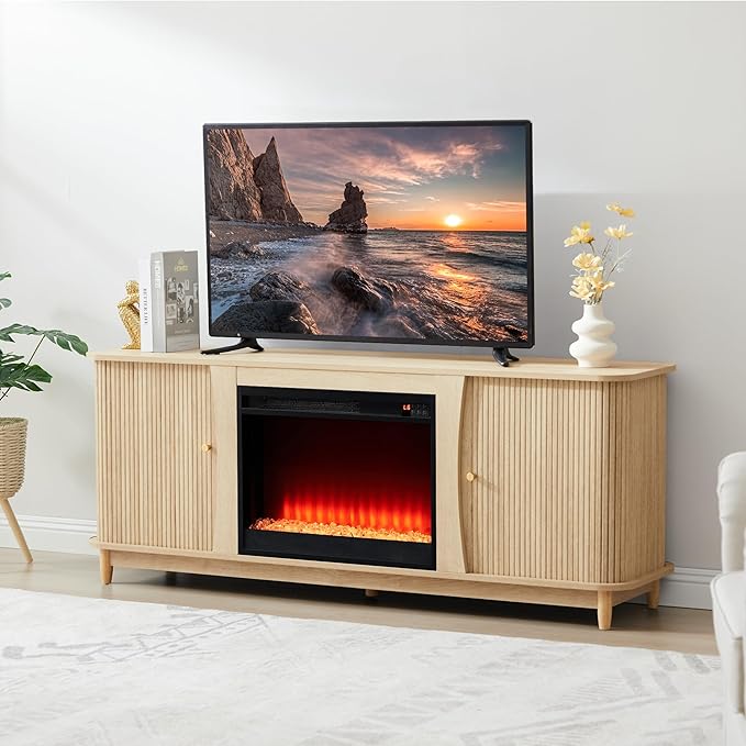 Fireplace TV Stand, Fluted TV Stand with Storage and Sliding Door, Farmhouse Entertainment Center Media Console Table for Living Room (Natural)