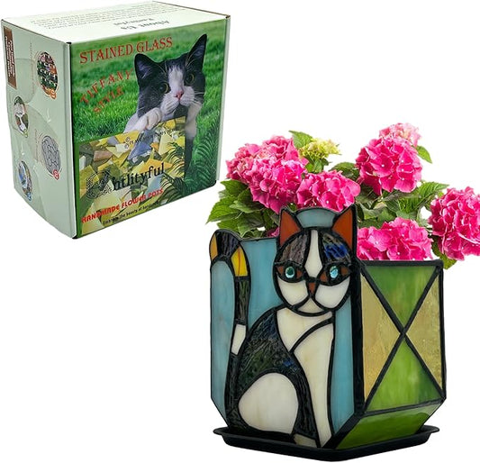 Handmade Stained Glass Indoor Plant Pot,Flower Pots with Drainage Holes,Black Orange Cat Planter Pot, Cute Succulent Pots,Plant Lover Gifts for Women (with a Gift Box)