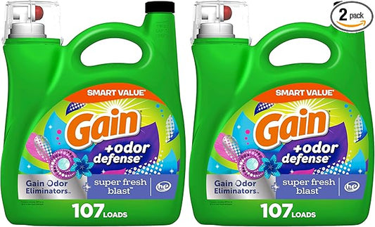 Gain + Odor Defense Liquid Laundry Detergent Super Fresh Blast Scent 154 fl oz 107 Loads HE Compatible (Pack of 2)
