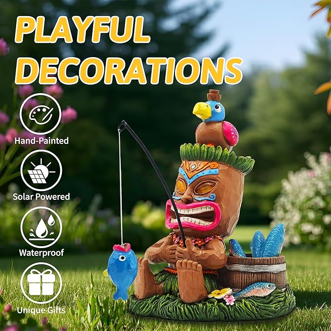 Solar Tiki Garden Statues: 8'' Funny Tiki Bar Decor with Solar Light Outside Decoration for Lawn Yard Patio Garden Gifts for Housewarming (Fishing)