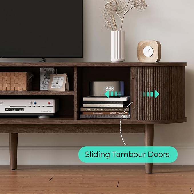 LINSY HOME 70" Fluted TV Stand for TVs up to 80 Inch, Mid Century Modern Entertainment Center with Storage Cabinet and Sliding Doors, Farmhouse Wood Media TV Console for Living Room, Bedroom, Walnut