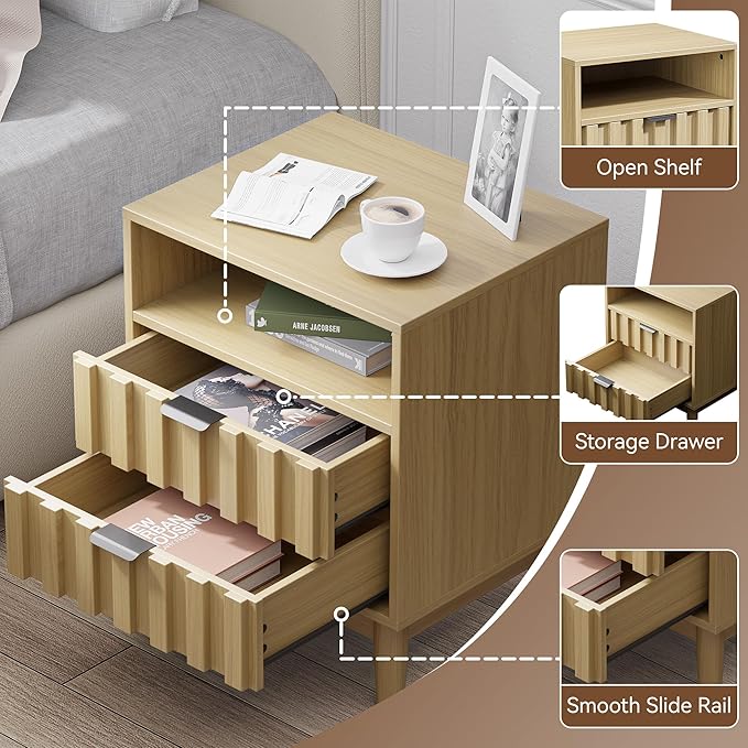 Fluted Nightstand Set of 2 with 2 Drawers, 19" Wide Night Stand with Solid Wood Legs, Open Storage Shelf, Mid Century Modern Wooden Bedside Table for Bedroom, Bed End Side Table, Oak