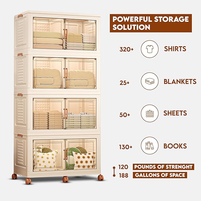 752QT/188Gal 4 Layers Stackable Storage Bins with Lid & Doors - Sensor Lights in Cabinets, Large Collapsible Container Box with 6 Wheels, Plastic Foldable Organizer for Home