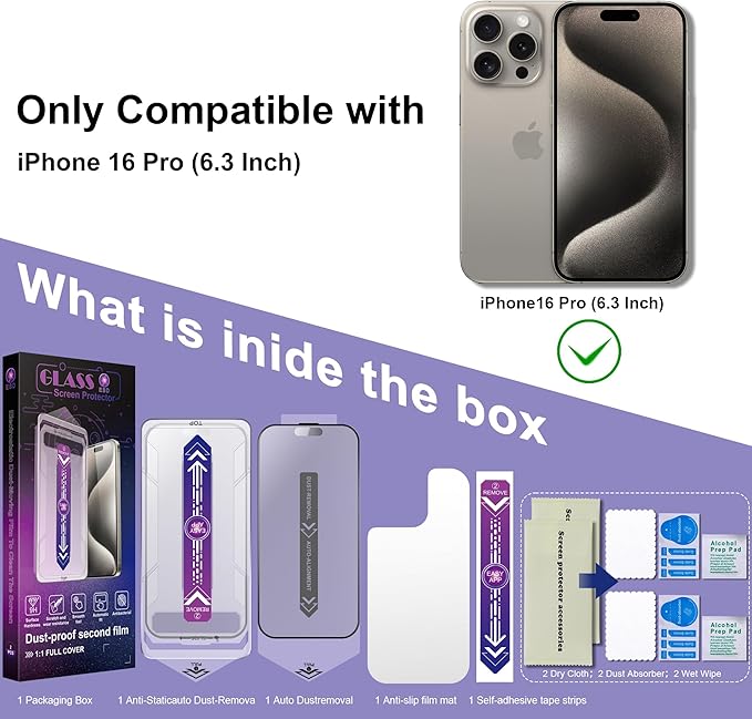 2 Pack Matte Screen Protector for iPhone 16 Pro, 9H Tempered Glass, Full Coverage, Anti-Fingerprint, Auto Dust-Elimination, No Bubble, Easy Installation