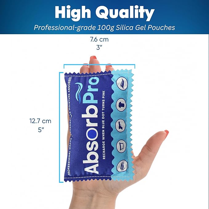 Rechargeable Dehumidifier Bag 5-Pack - 100g Reusable Moisture Absorbers - Silica Gel Packets for Bins, Totes, Gun Safe, Food Storage, Clothes, Cars, and Boats