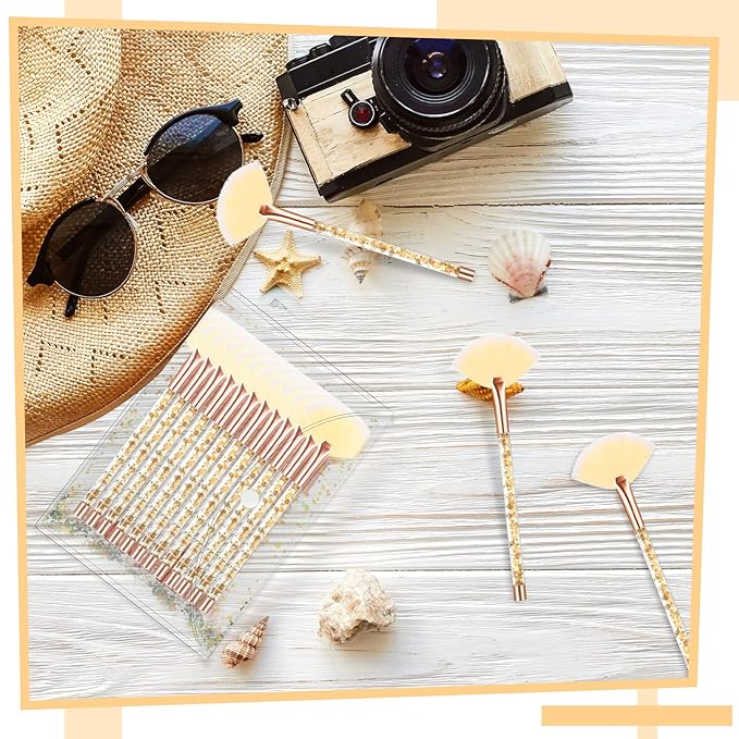 12 Pcs Fan Brushes for Facial Mask Brushes with Glitter Quicksand Handle Cosmetic Facial Fan Brush Soft Facial Mask Brush Applicator Facial Peel Applicator Face Mask Tools with Pouch (Gold)