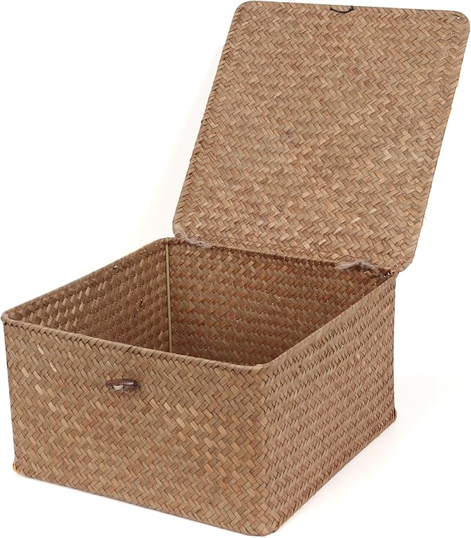 Wicker Shelf Baskets with Lid, Handwoven Seagrass Storage Basket Bins Square Gift Boxes for Shelves Home Decor Organizer (Coffee, Large)
