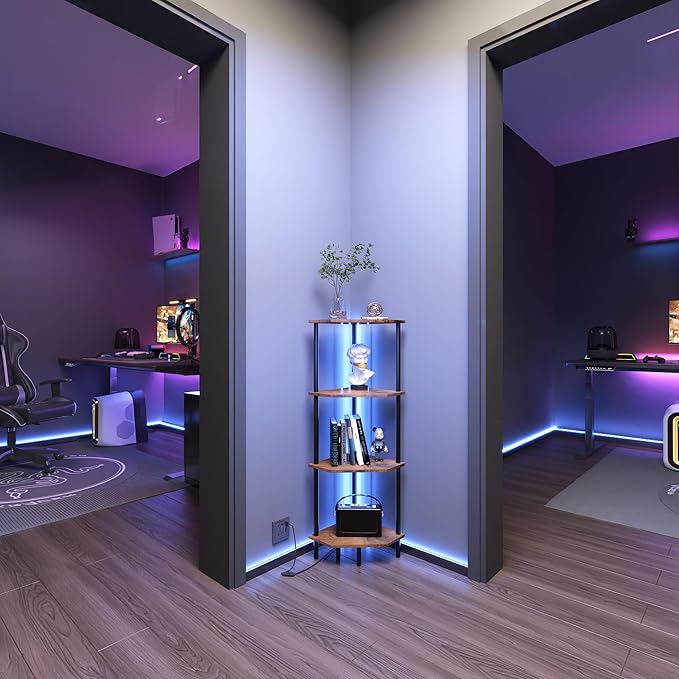 4 Tier Corner Shelf with LED Light,Bookcase for Small Spaces,Display Shelf,Narrow Bookshelf,Plant Stand,Rustic Brown and Black,Suitable for Bedroom,Living Room,Kitchen