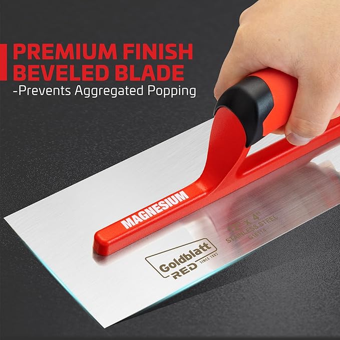 Goldblatt RED Stainless Steel Finishing Trowel, 12"x 4" Professional Drywall Masonry Trowel with Soft Grip Handle, Lightweight Magnesium Shank, Plastering Trowel for Sheetrock Wallboard Plasterboard